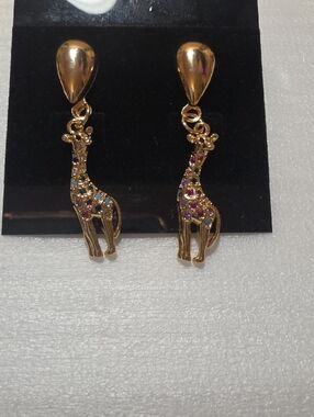 Gold Plated Giraffe Drop Earrings with Multicolor Stones And Real Rubies